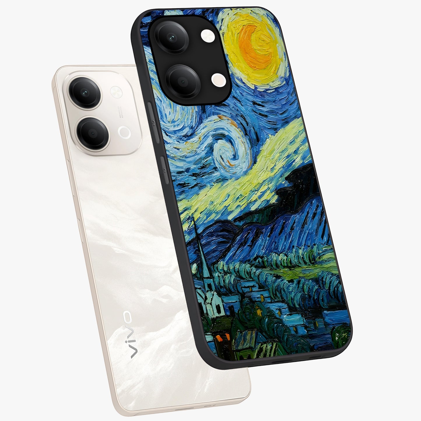 Van Gogh Art Glass Case displayed in angled mockup highlighting swirling brushstroke design with artistic aesthetic.