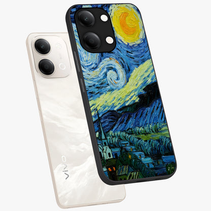 Van Gogh Art Glass Case displayed in angled mockup highlighting swirling brushstroke design with artistic aesthetic.