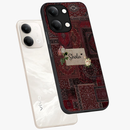 Velvet Wine Pattern Custom Name Glass Case displayed in angled mockup highlighting decorative velvet inspired design with custom name feature.