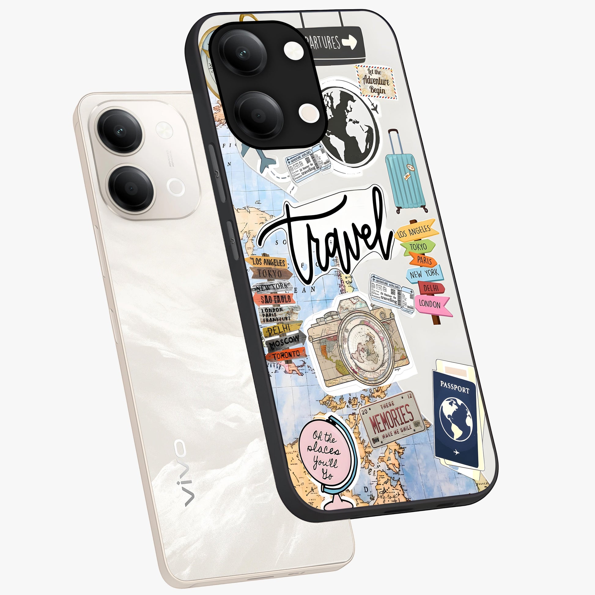 Wanderlust Journal Glass Case displayed in angled mockup highlighting adventure themed design with aesthetic travel vibe.