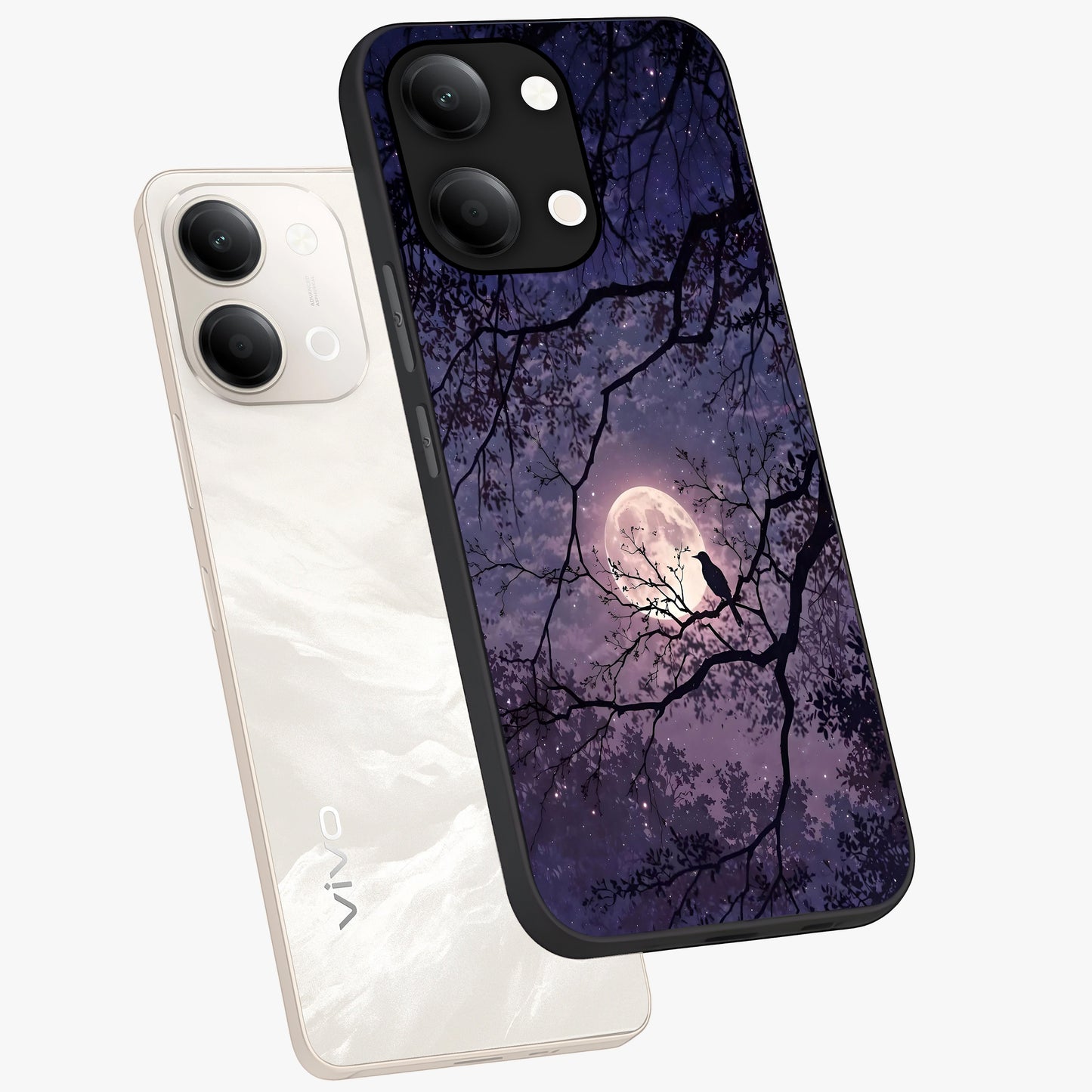 Whispering Moon Silence Glass Case displayed in angled mockup highlighting calm lunar design with dreamy night aesthetic.