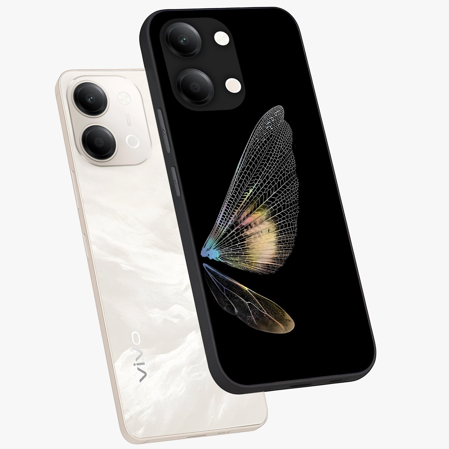 Whispers Of Wings Glass Case displayed in angled mockup highlighting soft feather design with celestial aesthetic style.