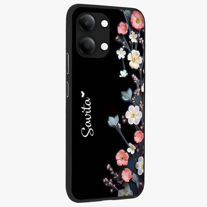 Black Elegance Floral Custom Name Glass Case upright view showcasing luxurious black floral design with personalized name detail.