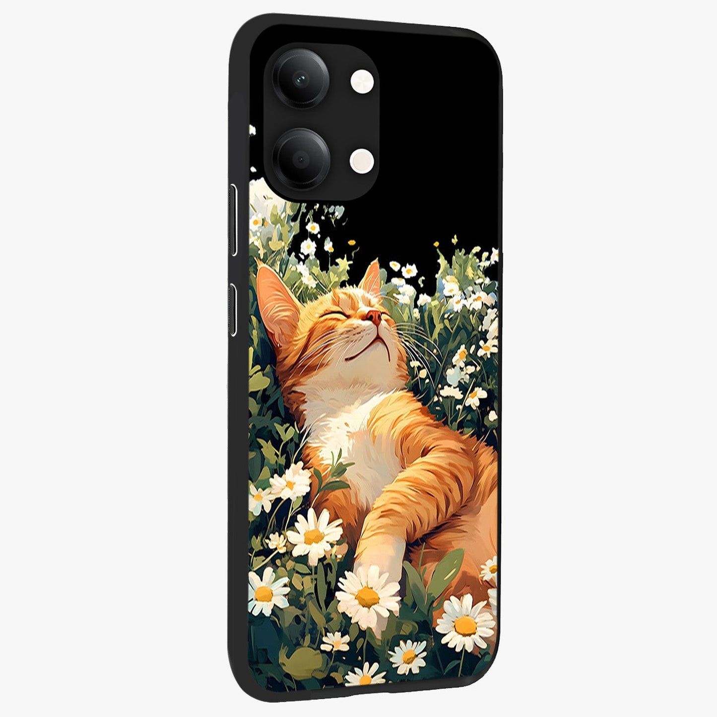 Blissful Bloom Cat Glass Case upright view showcasing charming cat design surrounded by blooming floral elements.