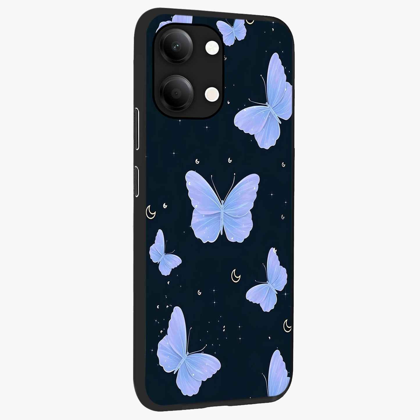 Butterfly With Stars Pattern Glass Case upright view showcasing celestial butterfly artwork with sparkling star elements.