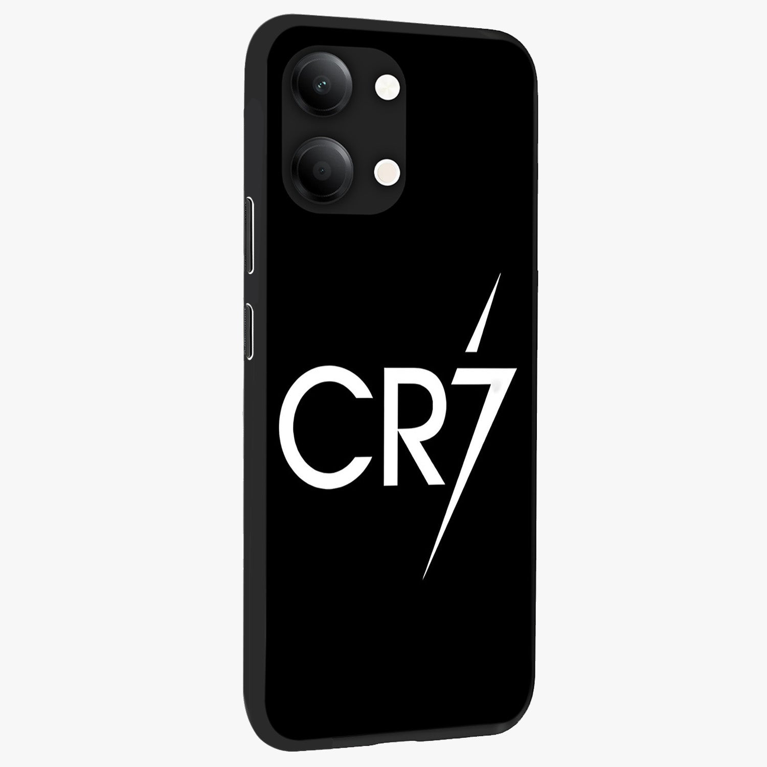 Cr7 Elite Strike Glass Case upright view showcasing energetic football inspired design with modern sports aesthetic.
