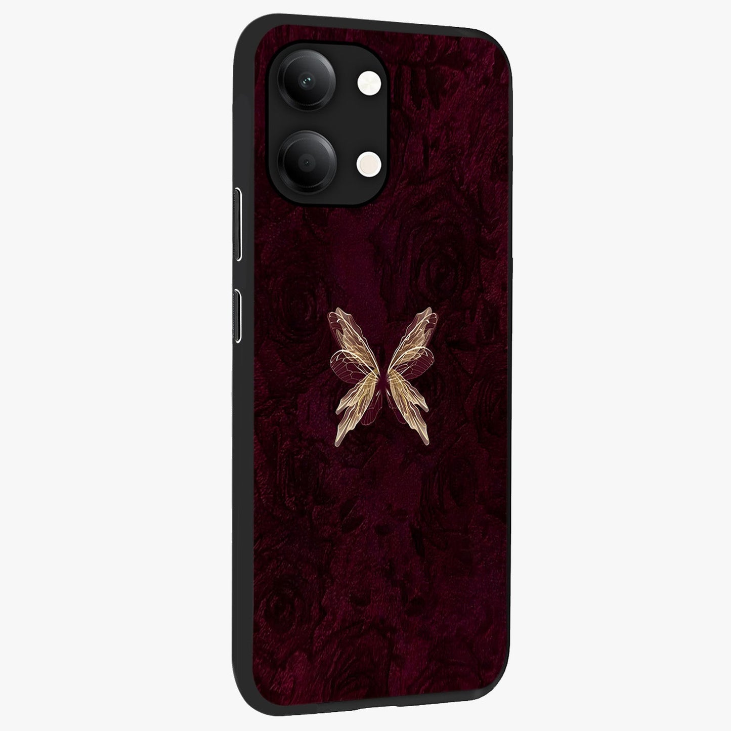 Crimson Fade Butterfly Glass Case upright view showcasing graceful butterfly artwork with soft crimson fade effect.