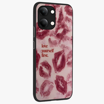 Crimson Kiss Love Glass Case upright view showcasing expressive romantic artwork with deep crimson theme.