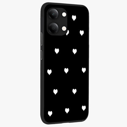 Cute And Simple White Hearts Glass Case upright view showcasing simple white hearts artwork with soft minimal theme.