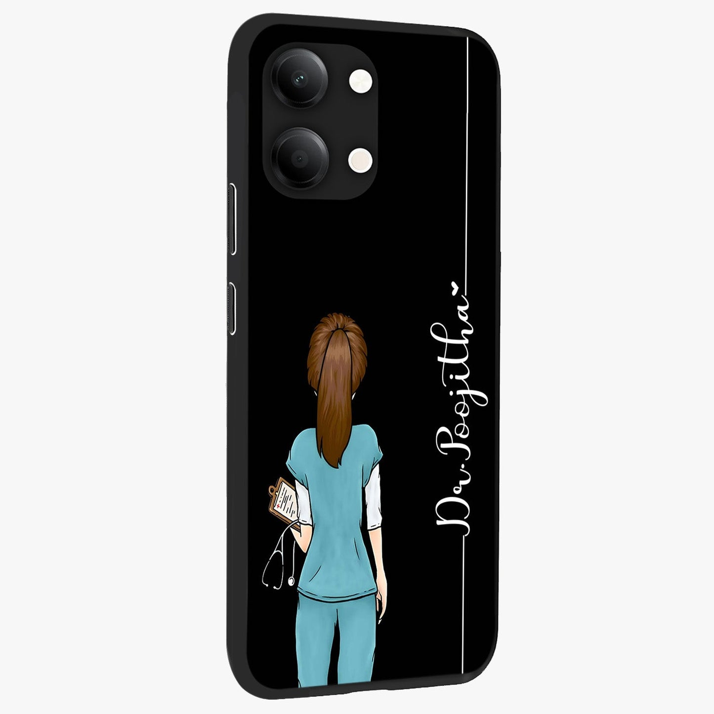 Doctor Pattern Custom Name Glass Case upright view showcasing healthcare themed design with personalized aesthetic.