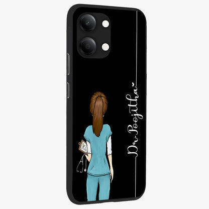 Doctor Pattern Custom Name Glass Case upright view showcasing healthcare themed design with personalized aesthetic.