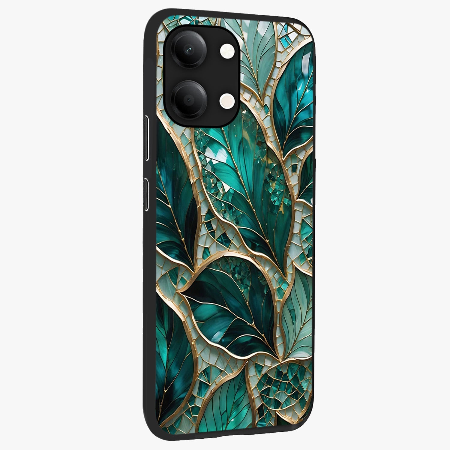 Emerald Leaf Glass Glass Case upright view showcasing fresh green leaf artwork with calming nature inspired style.