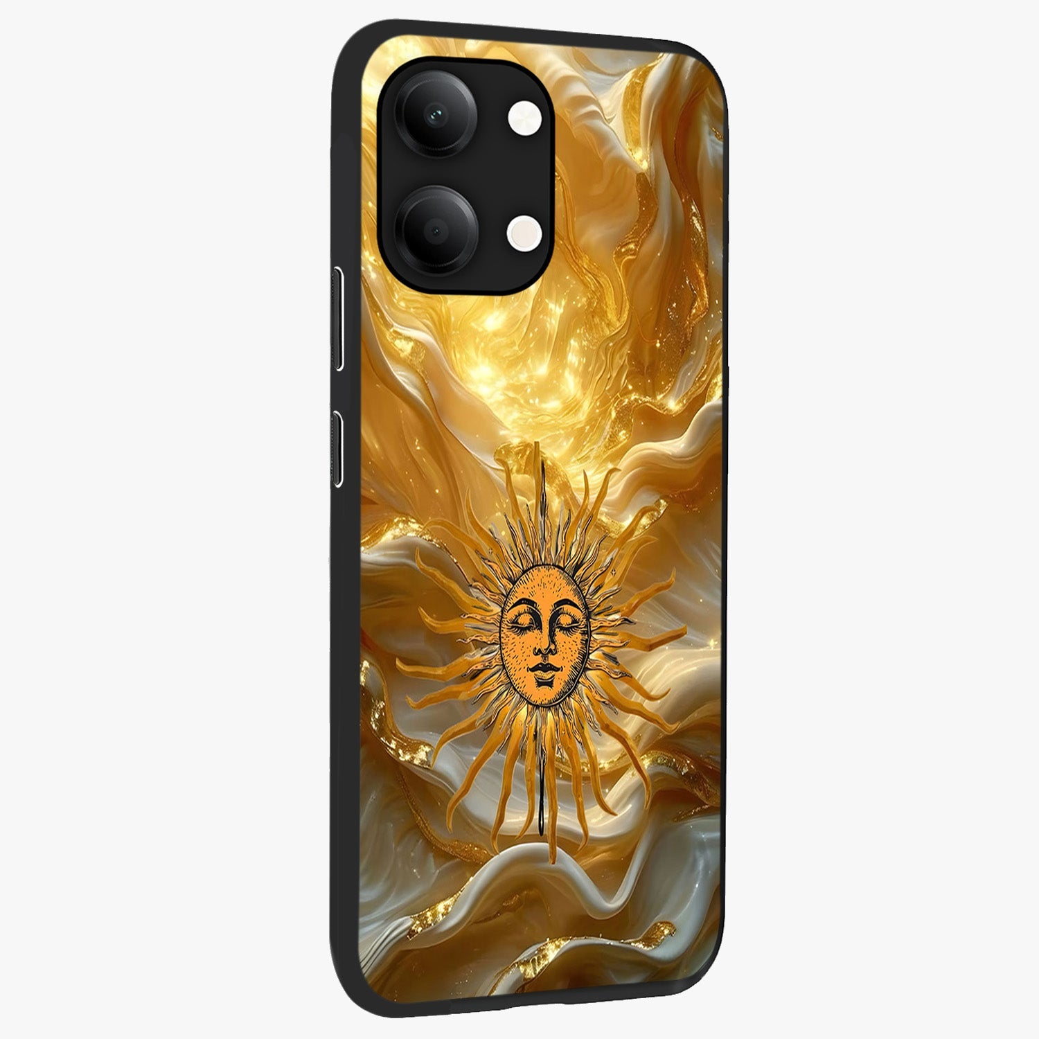 Eternal Golden Glow Glass Case upright view showcasing luminous golden artwork with luxurious visual theme.