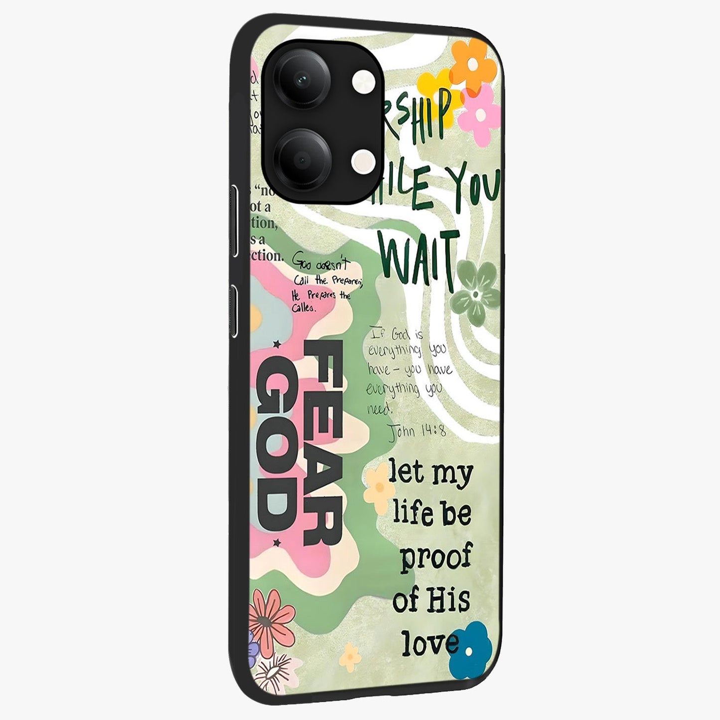 Faith Over Fear Glass Case upright view showcasing bold typography artwork with uplifting motivational theme.