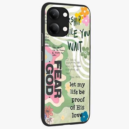 Faith Over Fear Glass Case upright view showcasing bold typography artwork with uplifting motivational theme.