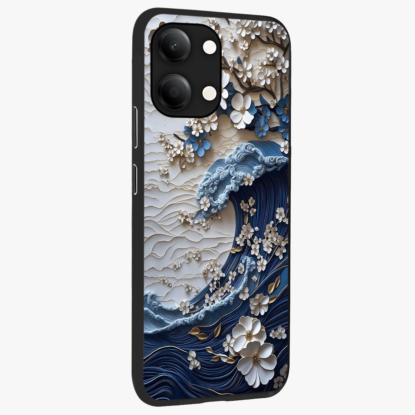Floral Wave Origami Glass Case upright view showcasing creative floral origami artwork with artistic decorative theme.