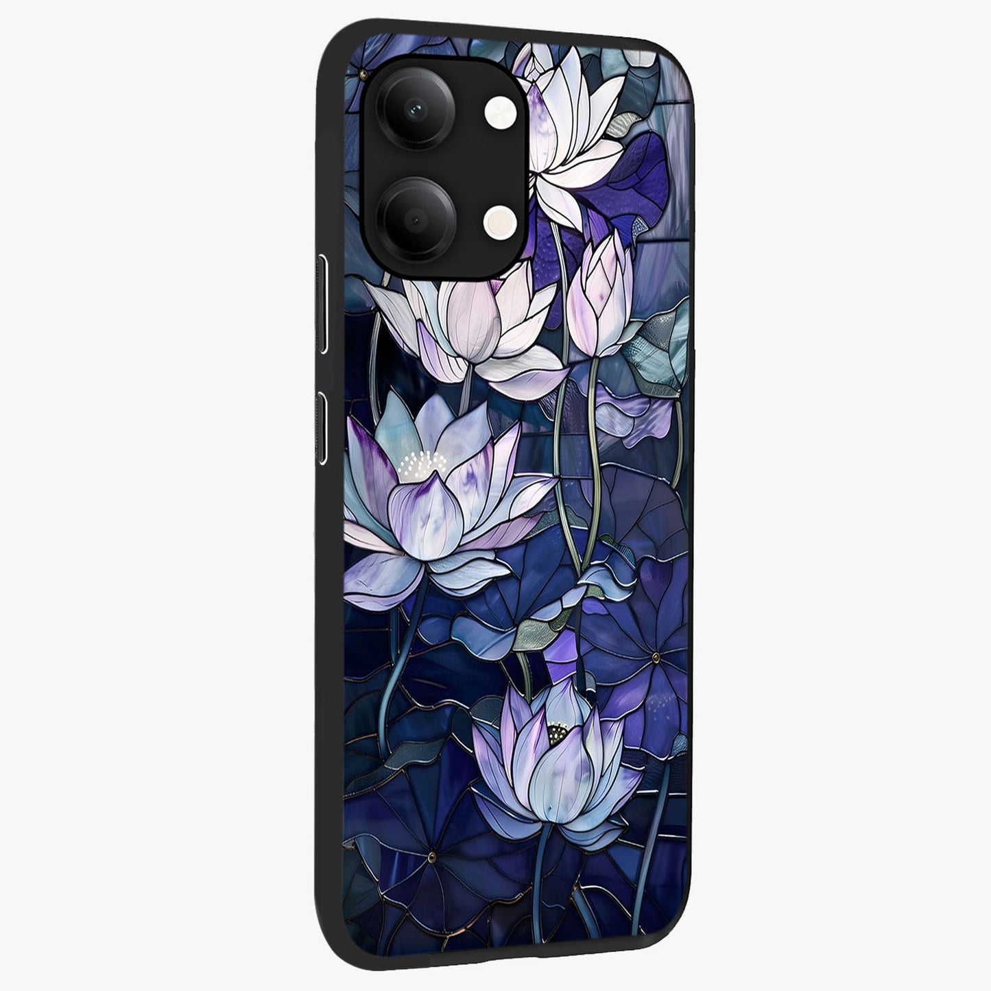 Gloss Petal Rush Glass Case upright view showcasing dynamic floral petal artwork with modern botanical theme.