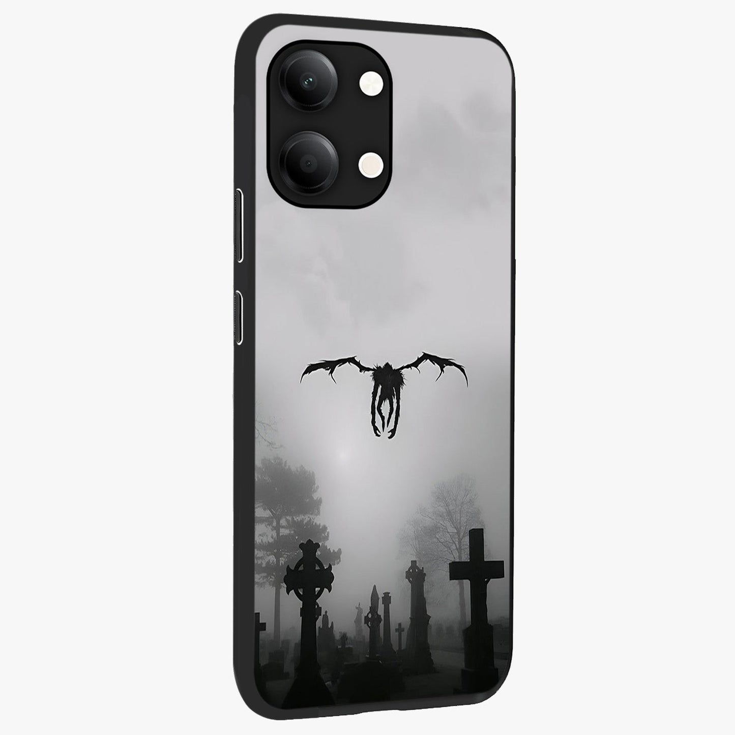 Graveyard Shadow Descent Glass Case upright view showcasing haunting graveyard artwork with dramatic dark theme.