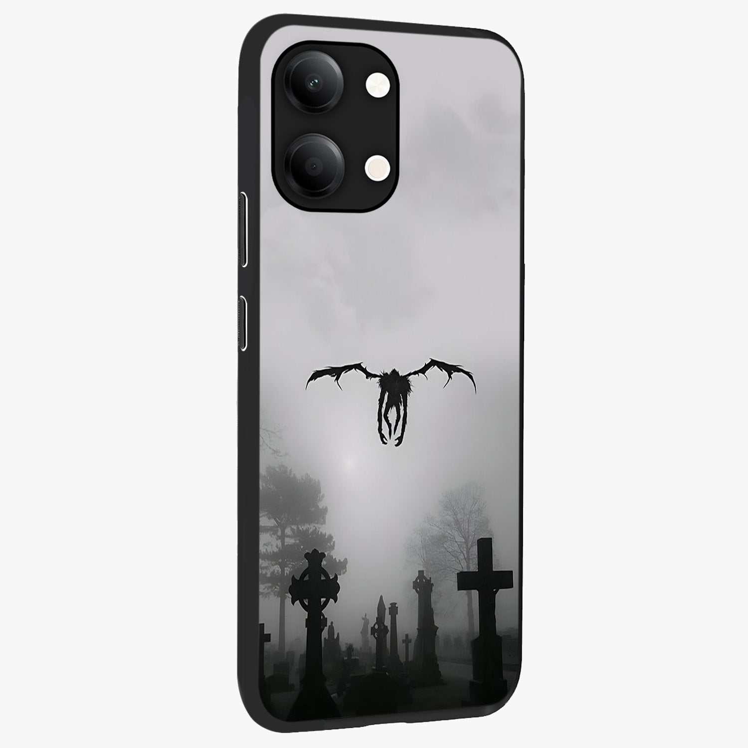 Graveyard Shadow Descent Glass Case upright view showcasing haunting graveyard artwork with dramatic dark theme.