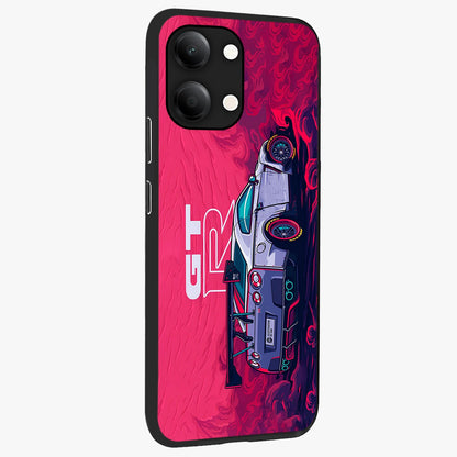 GT-R Car Pattern Glass Case upright view showcasing dynamic car pattern artwork with modern sports theme.