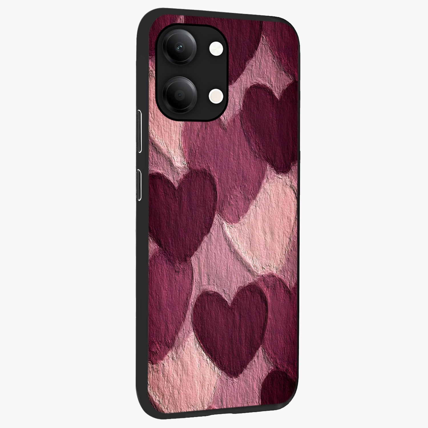 Layered Paper Hearts Glass Case upright view showcasing decorative layered heart artwork with sweet love theme.