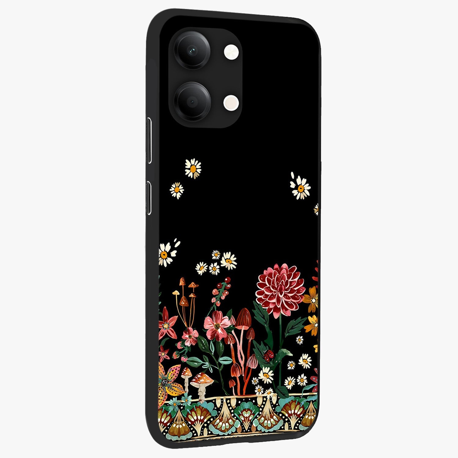 Midnight Bloom Pattern Glass Case upright view showcasing decorative floral artwork with deep night themed palette.