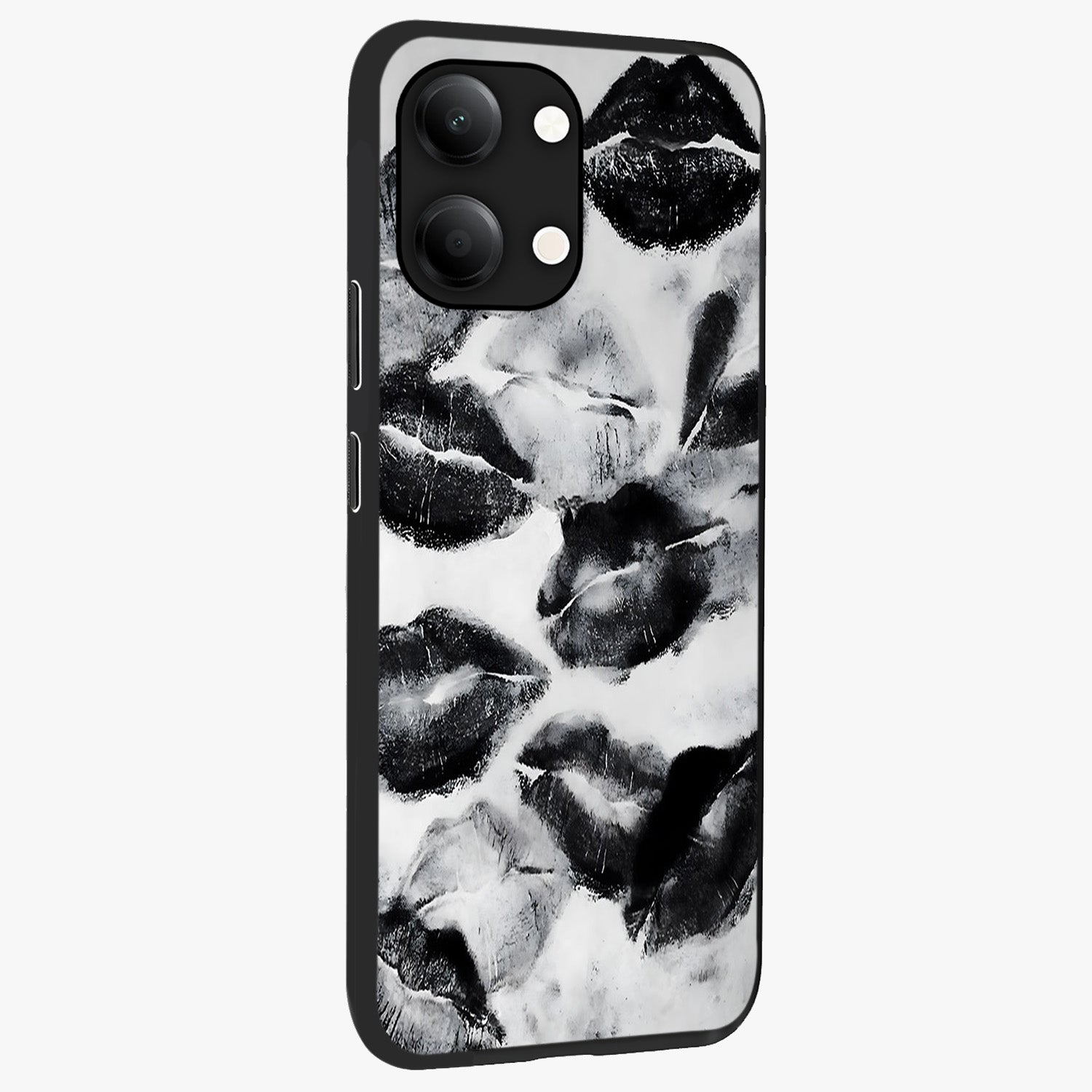Midnight Kiss Marks Glass Case upright view showcasing stylish kiss mark artwork with trendy romantic theme.