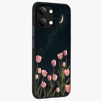 Midnight Tulip Whispers Vibe Glass Case upright view showcasing graceful tulip artwork with calm botanical theme.