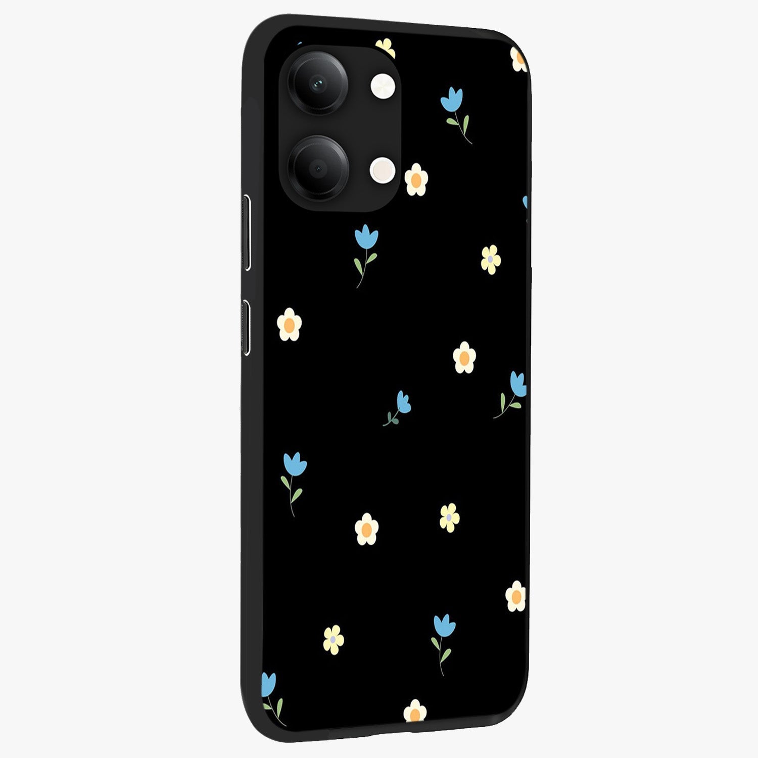 Minimal Petal Whispers Glass Case upright view showcasing elegant floral artwork with modern minimalist style.