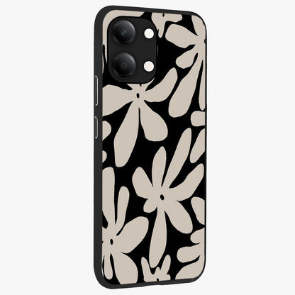 Monochrome Petal Dance Glass Case upright view showcasing artistic floral pattern with stylish monochrome theme.