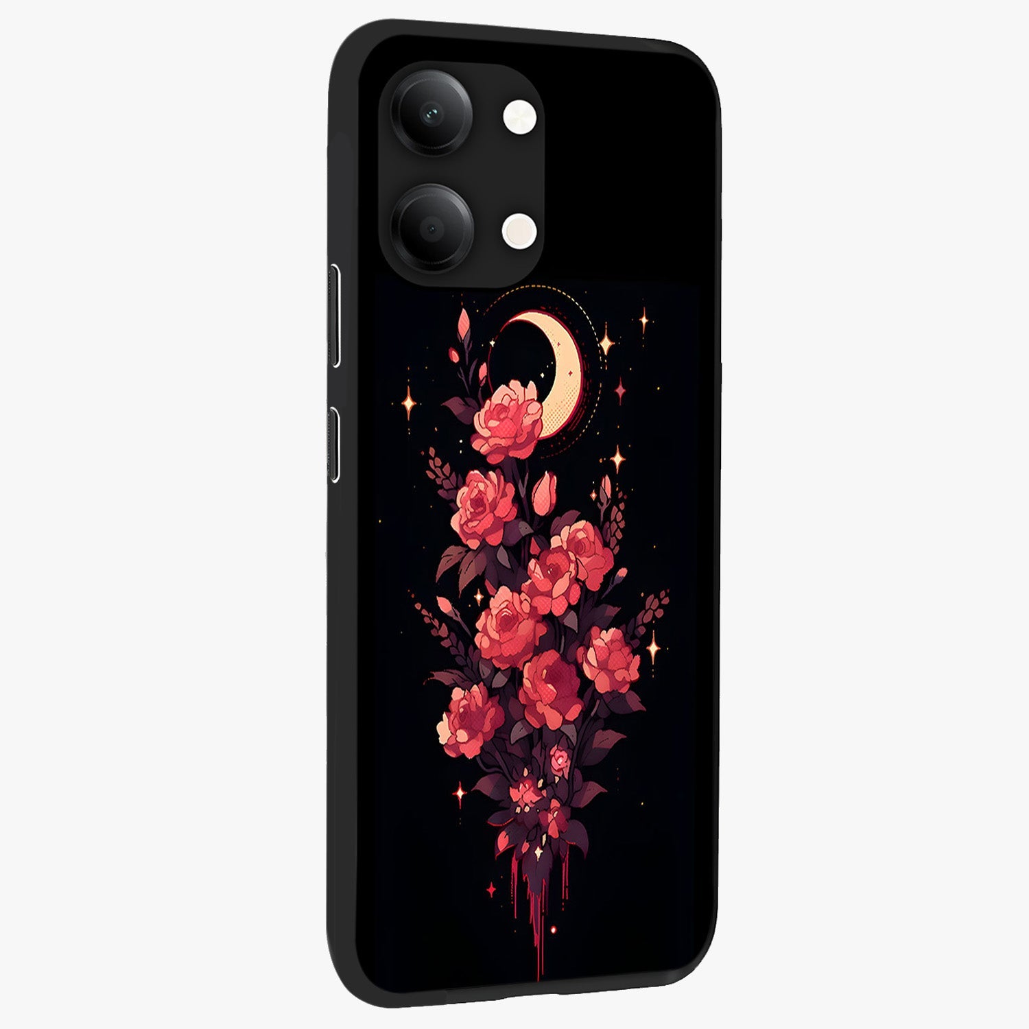 Moonlit Floral Elegance Glass Case upright view showcasing delicate floral artwork with refined night inspired theme.