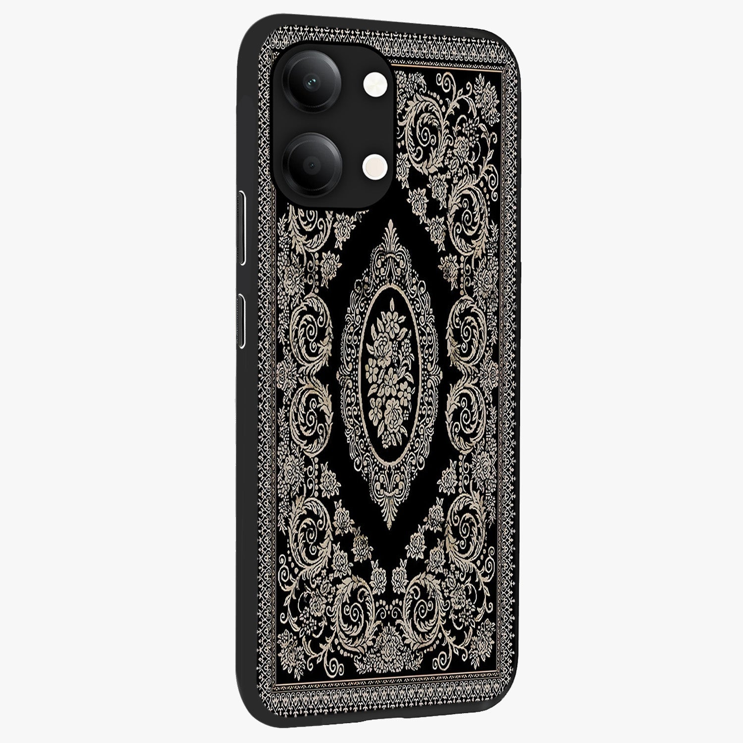 Noir Bloom Elegance Glass Case upright view showcasing graceful floral artwork with luxurious dark theme.