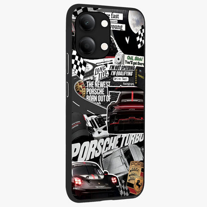 Porsche Racing Collage Glass Case upright view showcasing energetic car collage artwork with high speed racing theme.