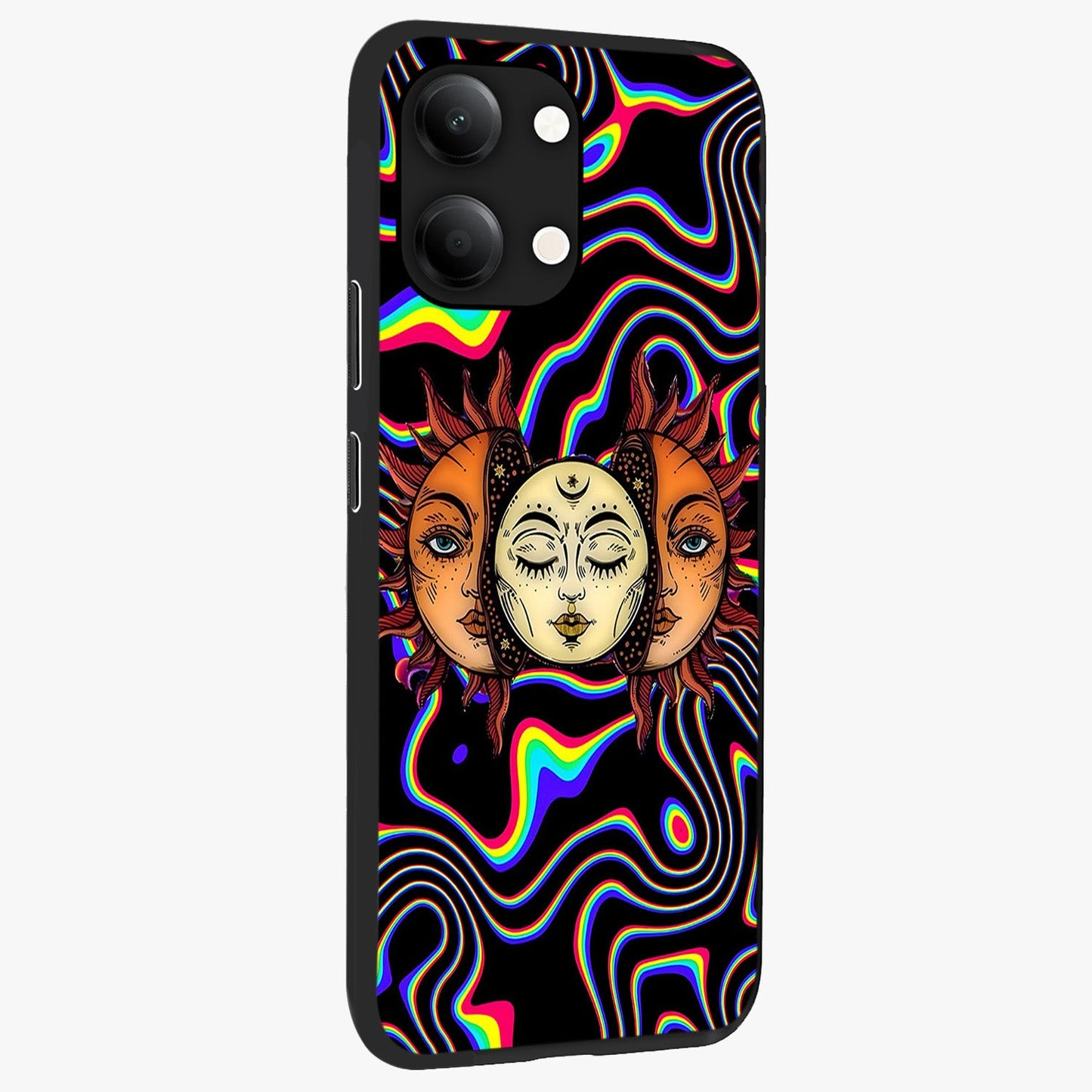Psychedelic Sun Glass Case upright view showcasing trippy sun artwork with bold psychedelic theme.