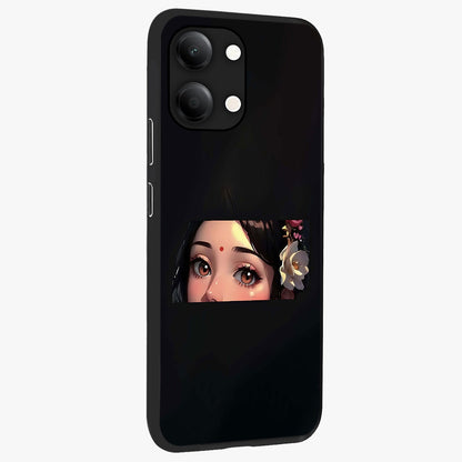 Radha Divine Embrace Glass Case upright view showcasing sacred Radha themed artwork with peaceful devotional style.
