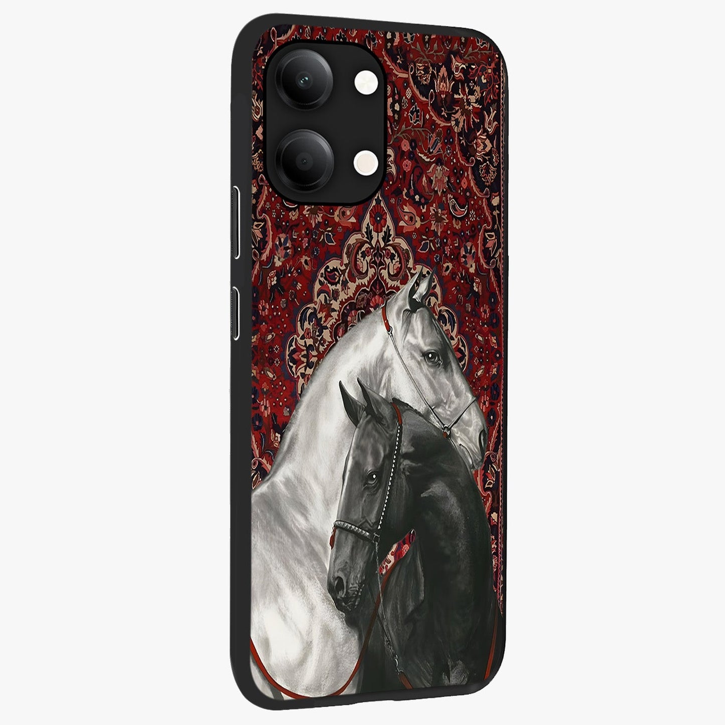 Regal Stallion Tapestry Glass Case upright view showcasing powerful horse artwork with elegant tapestry theme.
