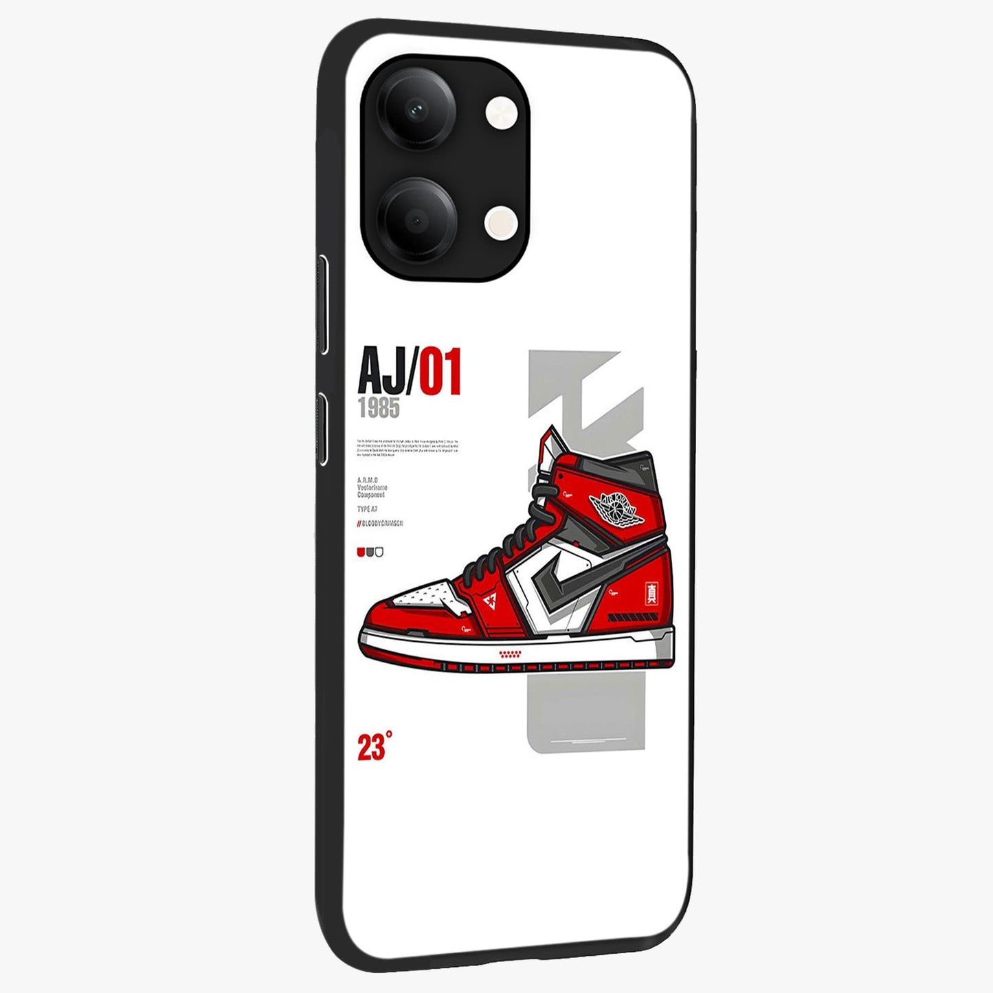 Retro Sneaker Blueprint Glass Case upright view showcasing stylish sneaker illustration with vintage streetwear theme.