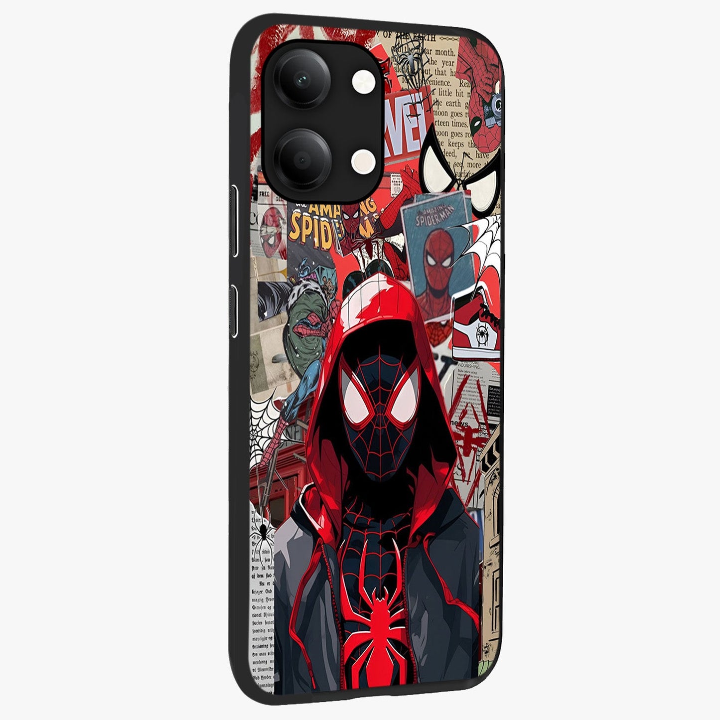 Spider Collage Street Glass Case upright view showcasing bold superhero artwork with urban street theme.