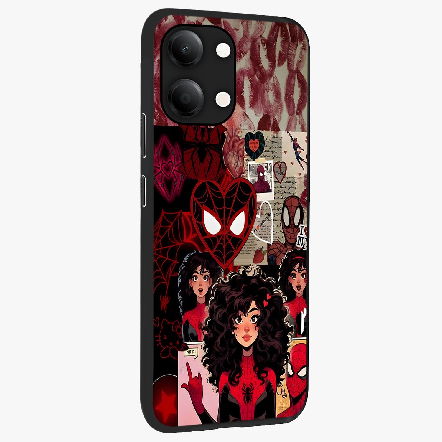 Spider Love Story Glass Case upright view showcasing charming superhero artwork with romantic comic theme.