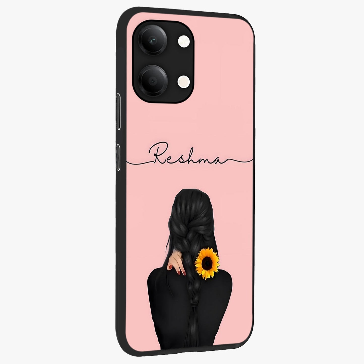 Sunflower Braid Beauty With Custom Name Glass Case upright view showcasing bright sunflower artwork with personalized floral aesthetic.