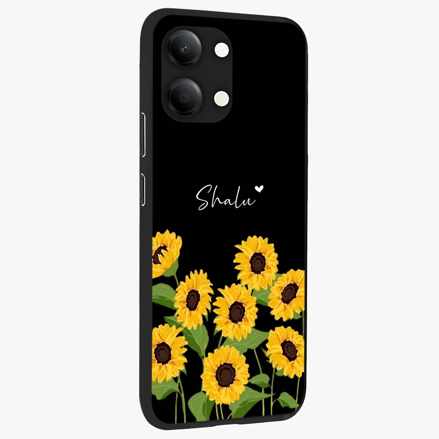 Sunflower Chic Mood Custom Name Glass Case upright view showcasing cheerful sunflower artwork with trendy floral theme.