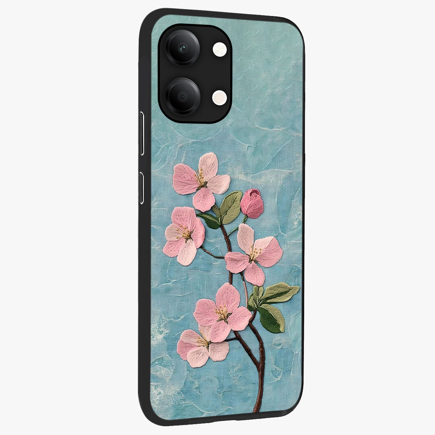 Threaded Blossom Breeze Glass Case upright view showcasing graceful flower artwork with calm botanical theme.