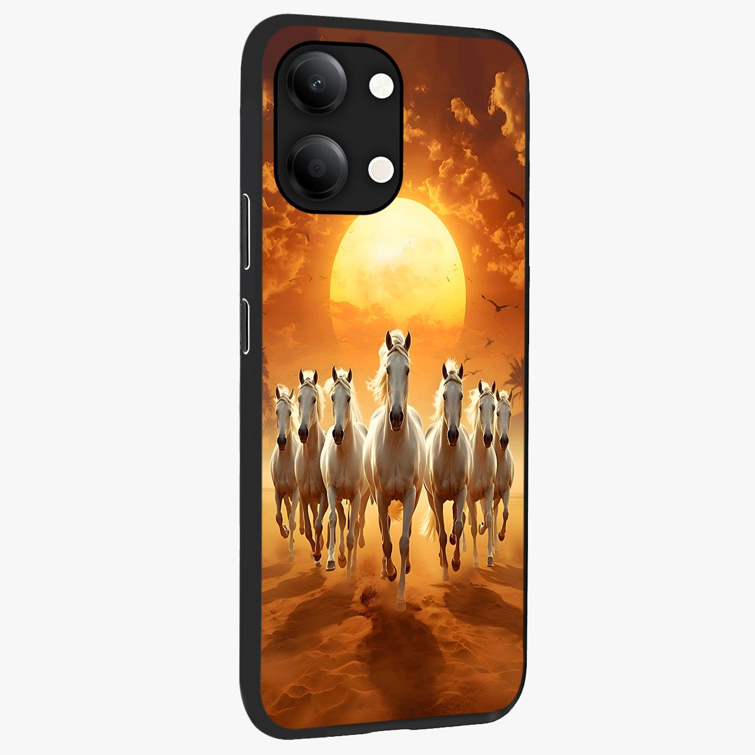 Wild Sunset Majesty Glass Case upright view showcasing dramatic sunset artwork with bold nature theme.