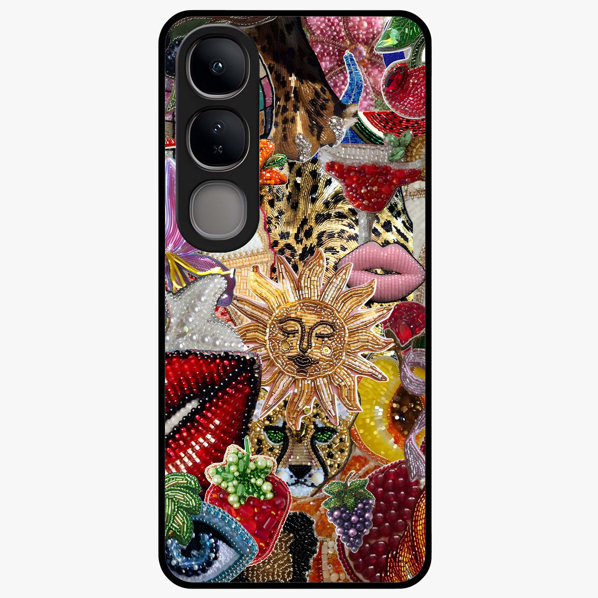 Beaded Fashion Jungle Glass Case showing flat back view with vibrant jungle inspired bead artwork and glossy glass finish.