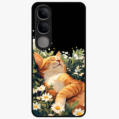 Blissful Bloom Cat Glass Case showing flat back view with cute cat and floral bloom artwork and glossy glass finish.