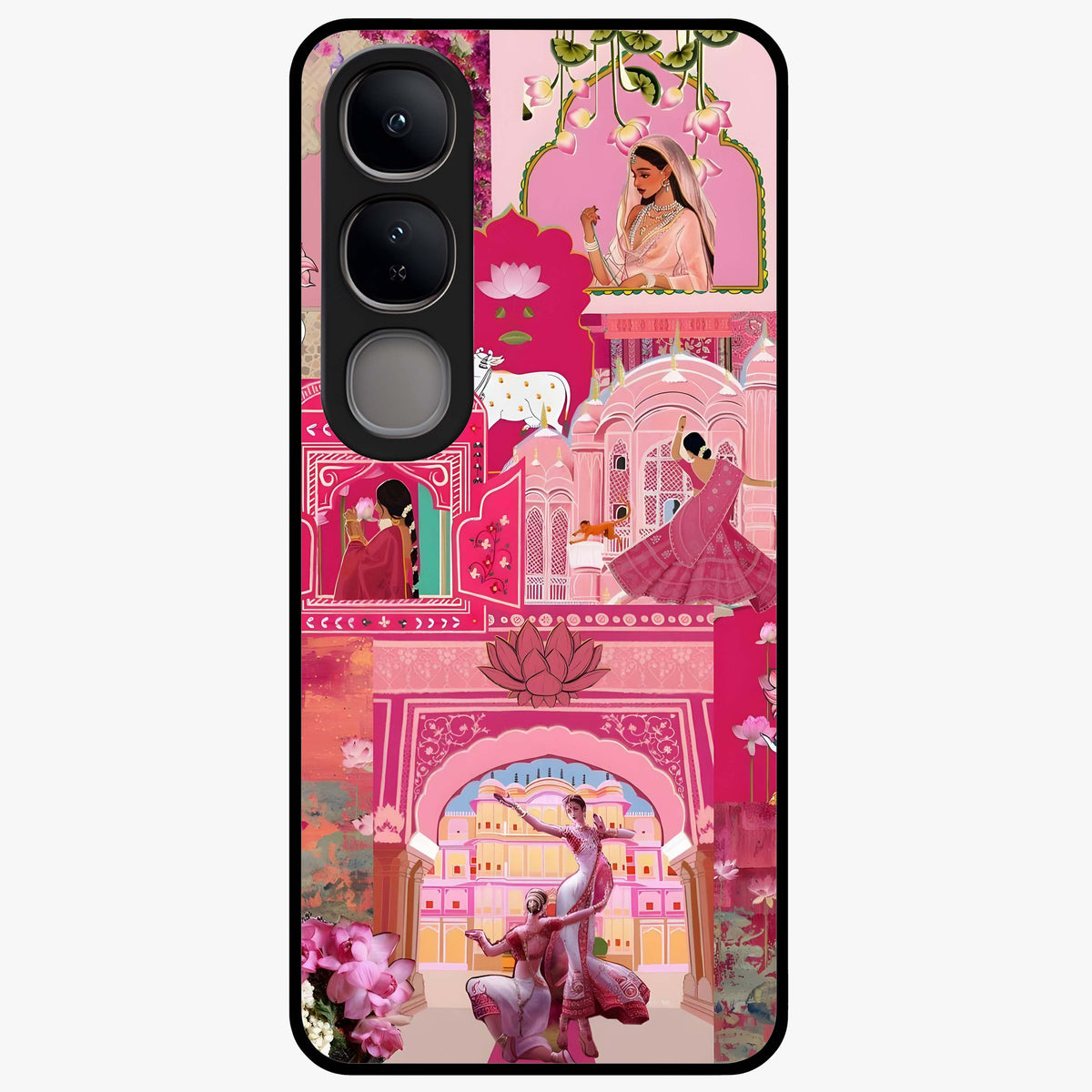 Blossoms of Rajasthan Glass Case showing flat back view with traditional floral artwork inspired by Rajasthan and glossy glass finish.