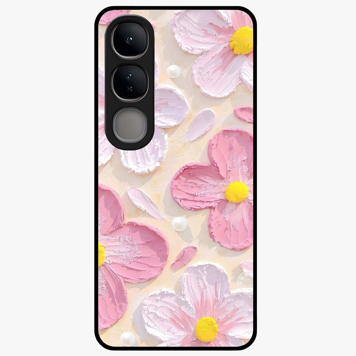 Blush Bloom Texture Glass Case showing flat back view with soft blush floral texture artwork and glossy glass finish.