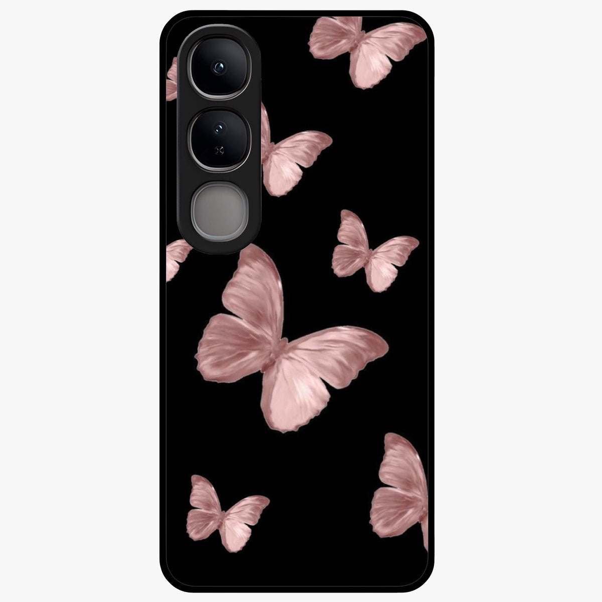 Butterfly Pattern Glass Case showing flat back view with elegant butterfly pattern artwork and glossy glass finish.