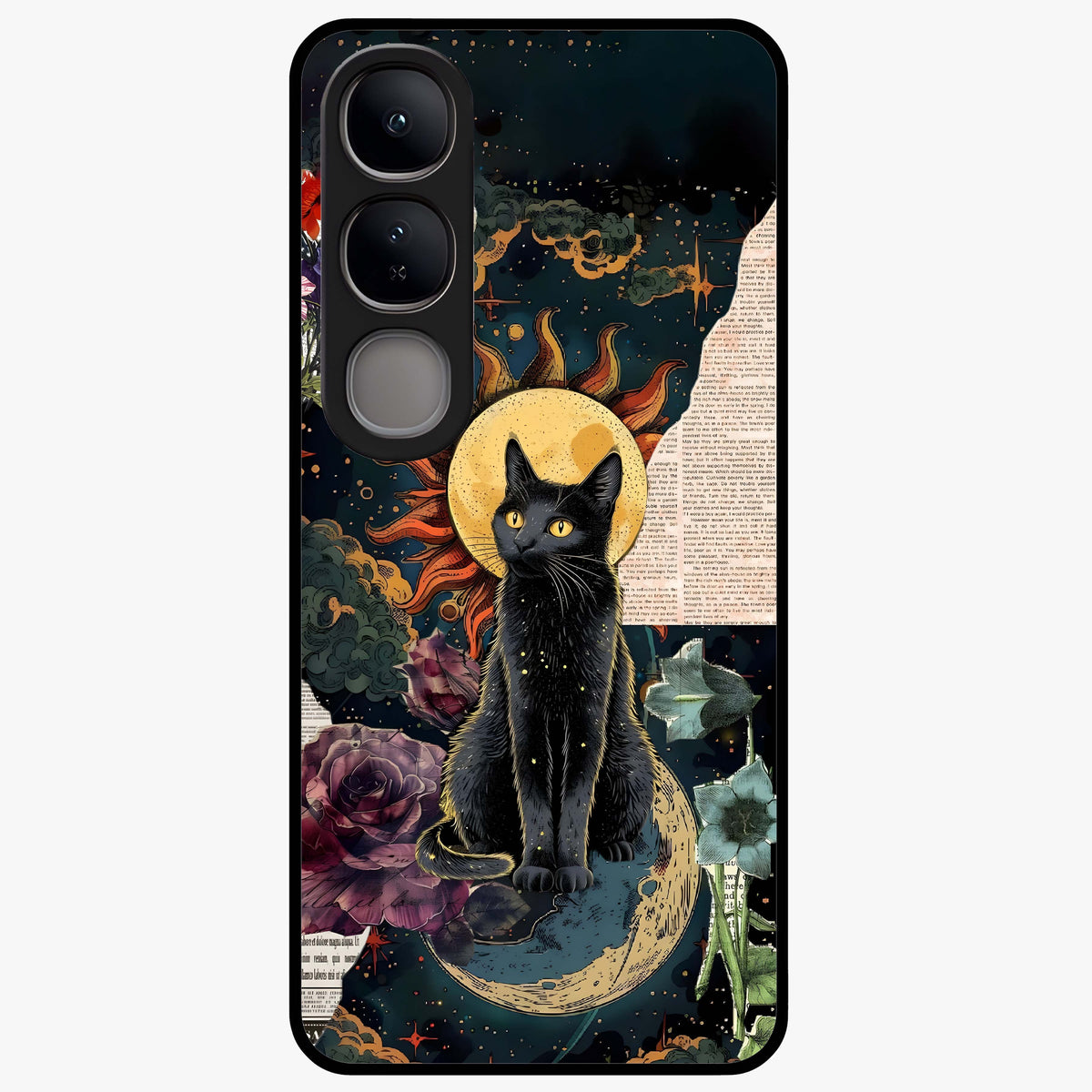Celestial Black Cat Glass Case showing flat back view with mystical black cat artwork and glossy glass finish.