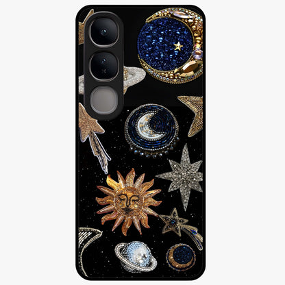 Celestial Gem Constellations Glass Case showing flat back view with sparkling constellation artwork and glossy glass finish.